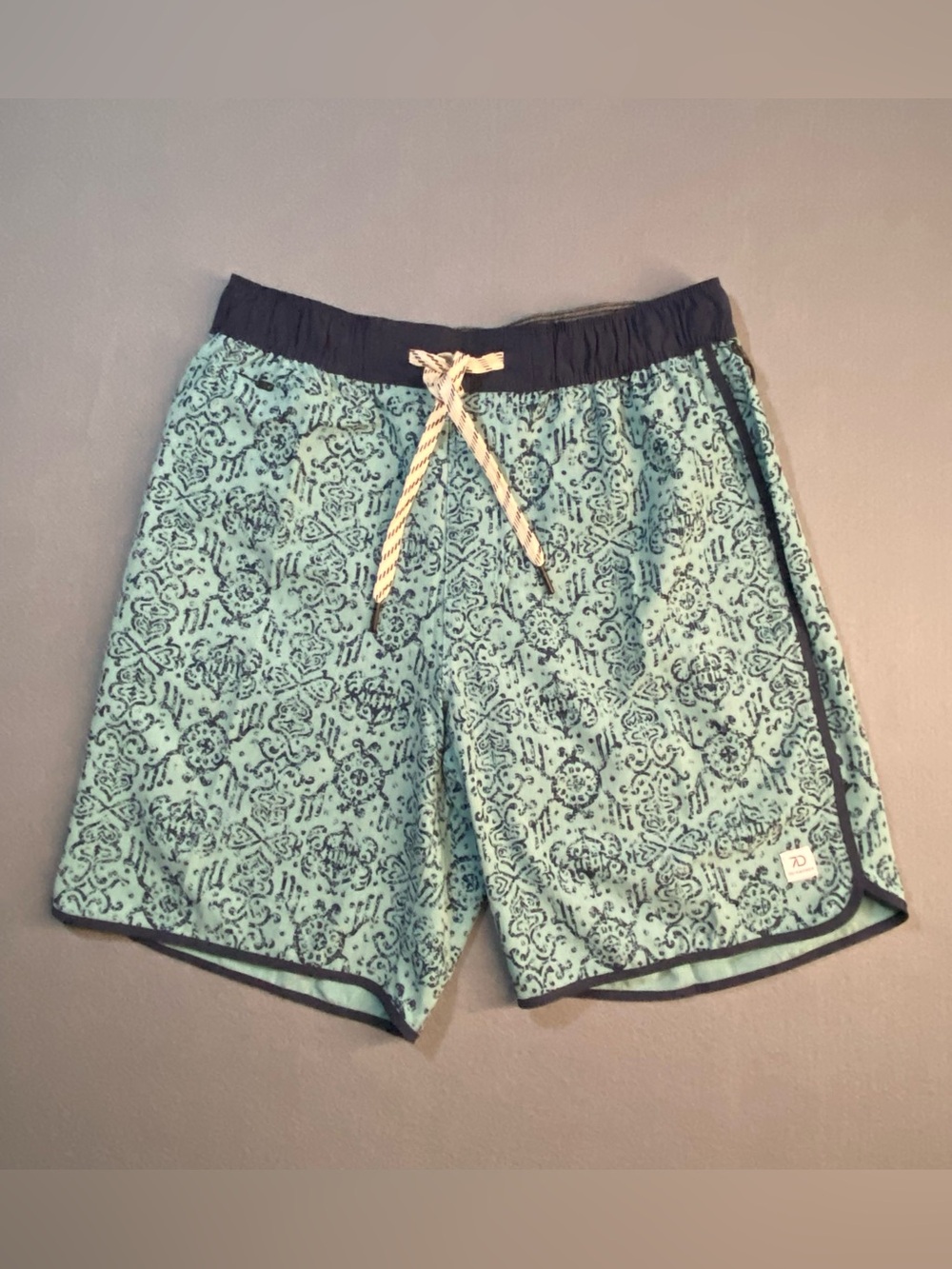 Aqua Printed Bermuda Swim Shorts with Navy Waist